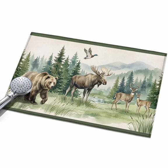 Bear Moose Washable Area Rug 2 x 3 ft Brown Wildlife Animal Rustic Green Pine Trees Soft Non Slip Rugs Stain Repellent Indoor Felt Carpet for Living Dining Room Bedroom Home Office