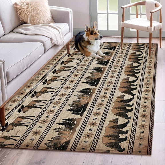 Bear Moose Washable Area Rug 4x6 Country Vintage Bronze Forest Pine Tree Abstract Stripe Plaid Low-Profile Large Area Rugs with Non Slip Backing Indoor Floor Carpet for Entrance Living Room Bedroom
