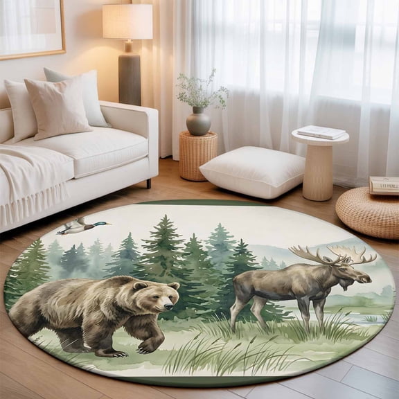 Bear Moose Washable Round Area Rug 3 ft, Brown Wildlife Animal Rustic Green Pine Trees Soft Non Slip Rugs Stain Repellent Indoor Felt Carpet for Living Dining Room Bedroom Home Office
