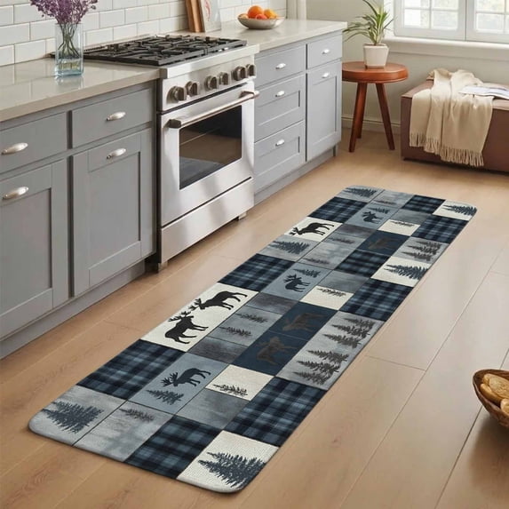 Bear Moose Washable Runner Rug 1.4x4 ft Blue Retro Forest Wild Animal ...