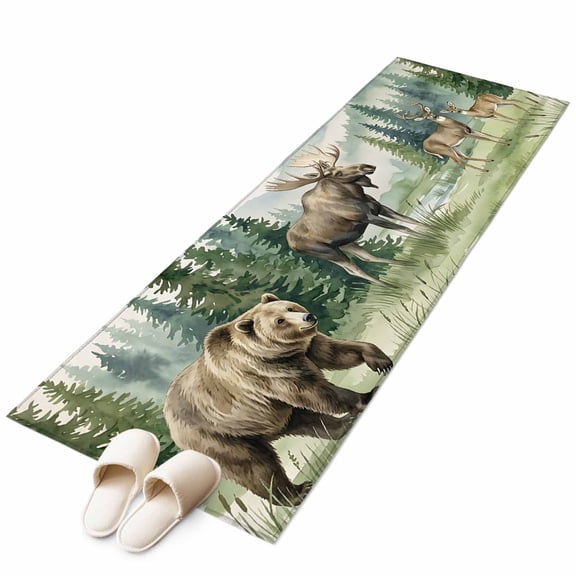 Bear Moose Washable Runner Rugs 2'x6', Brown Wildlife Animal Rustic Green Pine Trees Low Pile Throw Entryway Rug Non-Slip Sturdy Edge Binding Carpet for Indoor Bedside Entrance Bedside