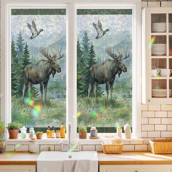 Bear Moose Window Privacy Film Brown Wildlife Animal Rustic Green Pine Trees Static Cling Stained Glass Window Film Non-Adhesive Decorative Decals Rainbow Sticker 17.7"X39.3"