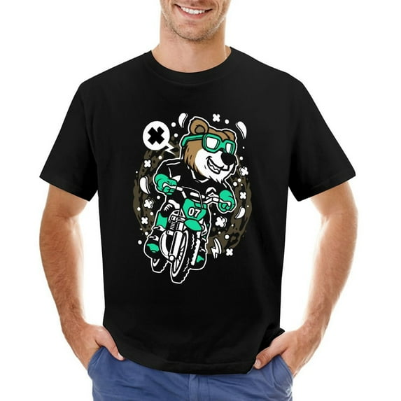 Bear Motocross Rider Men’s Graphic T-shirt Vintage Short Sleeve Sport Tee Black 2XL