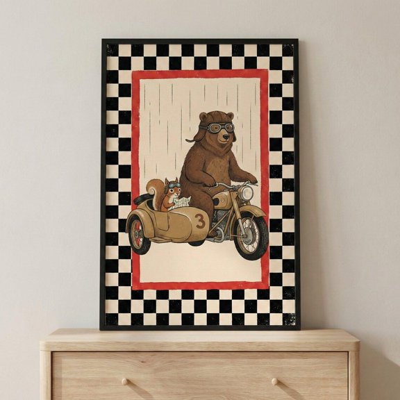 Bear Motorcycle Squirrel Sidecar Wall Decor Unframed Paper Print