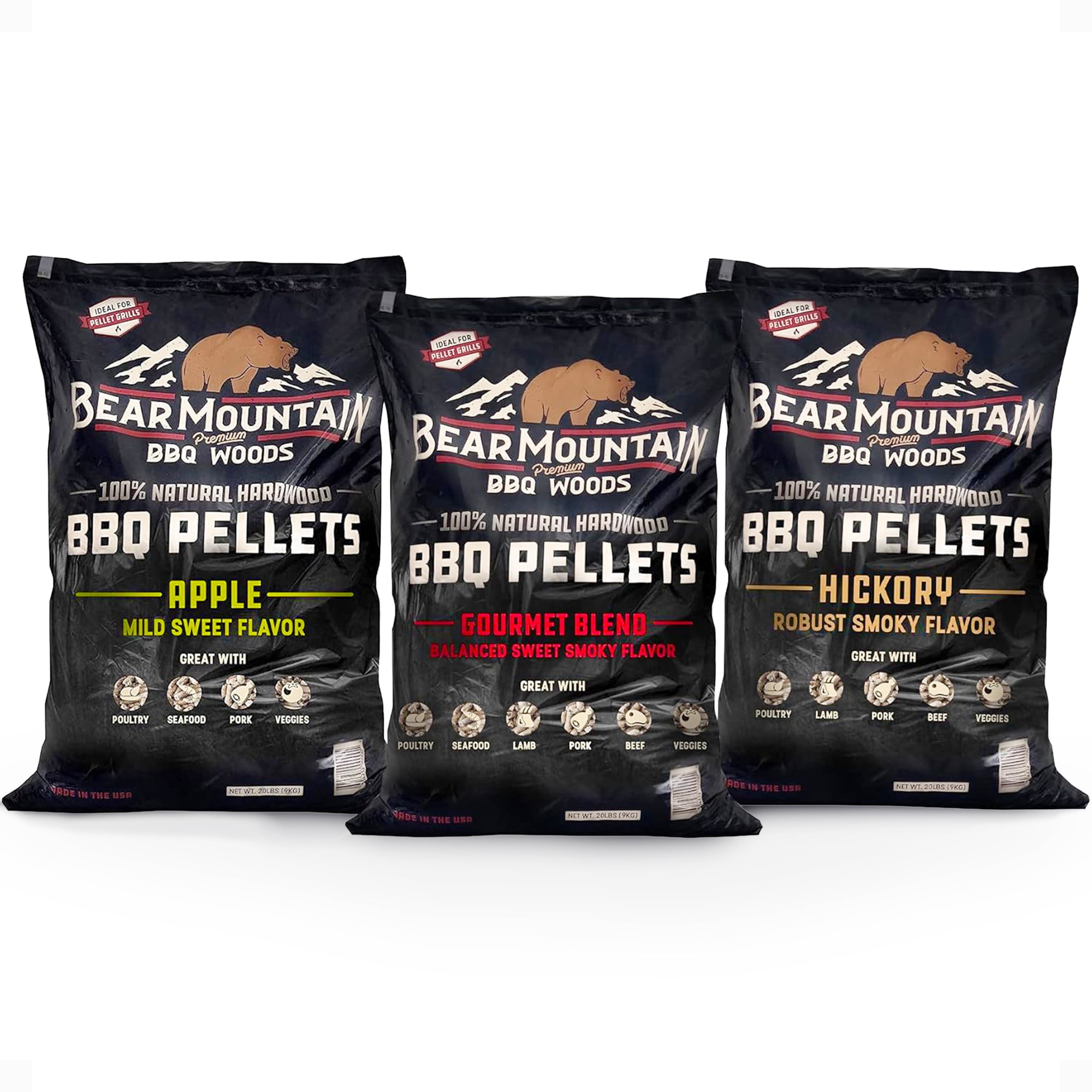 Bear Mountain BBQ Hardwood Gourmet Blend, Hickory, & Apple Smoker Pellets