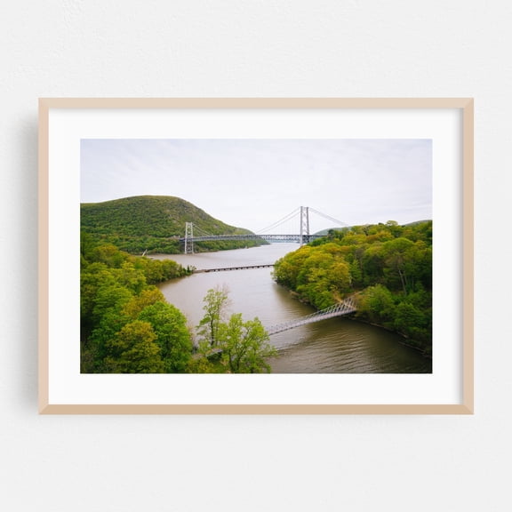 Bear Mountain Bridge - New York Photography Bridge Landscape Nature Scenic Water Forest Travel Poster Oak Framed Wall Art Print 5 x 7 inches