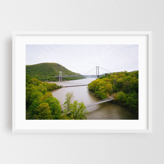 Bear Mountain Bridge - New York Photography Bridge Landscape Nature Scenic Water Forest Travel Poster White Framed Wall Art Print 5 x 7 inches