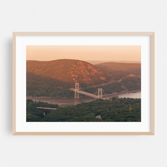 Bear Mountain Bridge from Popolopen Torne 01 - New York Photography Bridge Landscape Mountain Nature Scenic Sunset Oak Framed Wall Art Print 5 x 7 inches