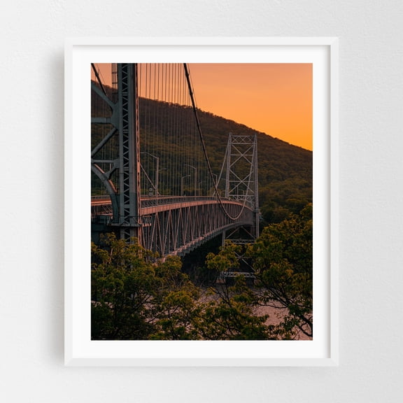 Bear Mountain Bridge Sunset - New York Photography Bridge Sunset Landscape Architecture Nature Scenic White Framed Wall Art Print 5 x 7 inches