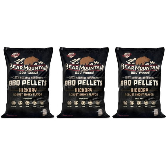 Bear Mountain FK14 Premium All Natural Low Moisture Hardwood Smoky Hickory BBQ Smoker Pellets for Outdoor Grilling, 20 Pound Bag 3 Pack