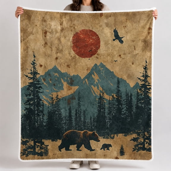 Bear Mountain Sherpa Blanket, Wilderness Forest Fleece Throw