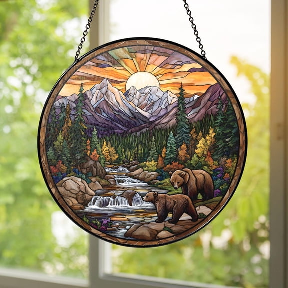 Bear Mountain Sunset Stained Glass Suncatcher Window Hanging Handmade Rustic Home Decor Gift
