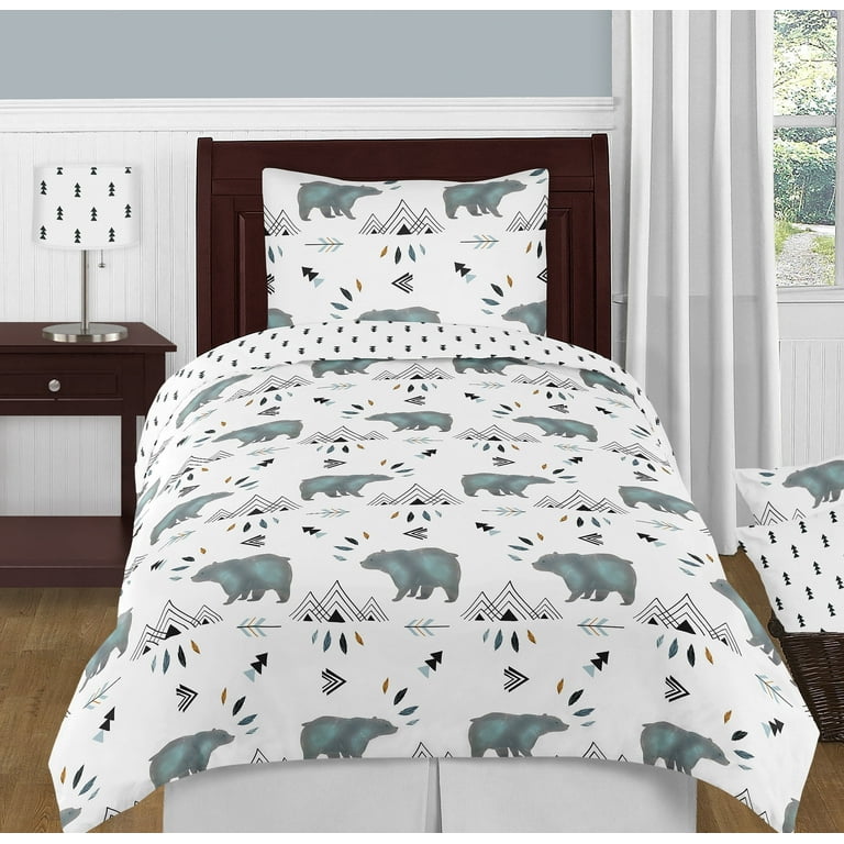 Sweet Jojo Designs Bear Mountain Blue and White Twin Bed Comforter 4 Piece Bedding Set