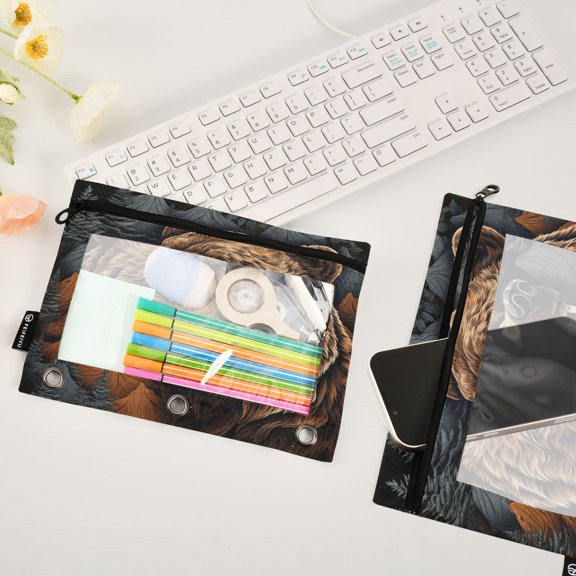 Bear Mountains Trees 2 Pack Pencil Pouches Zipper Pencil Case 3 Ring Pencil Pouch Cosmetic Bag