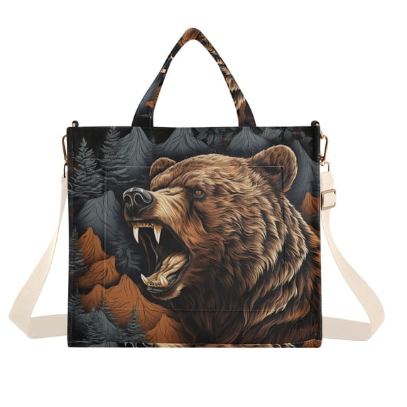 Bear Mountains Trees Corduroy Tote Bag Handbag Large Messenger Bag Shoulder Crossbody Zipper Bag Purse