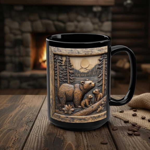 Bear Mug, Wood Carved Style Print Rustic Bear Coffee Cup, Woodland Forest Animal Lover Gifts, Unique Nature Cabin Lake House Decor Art 15 oz
