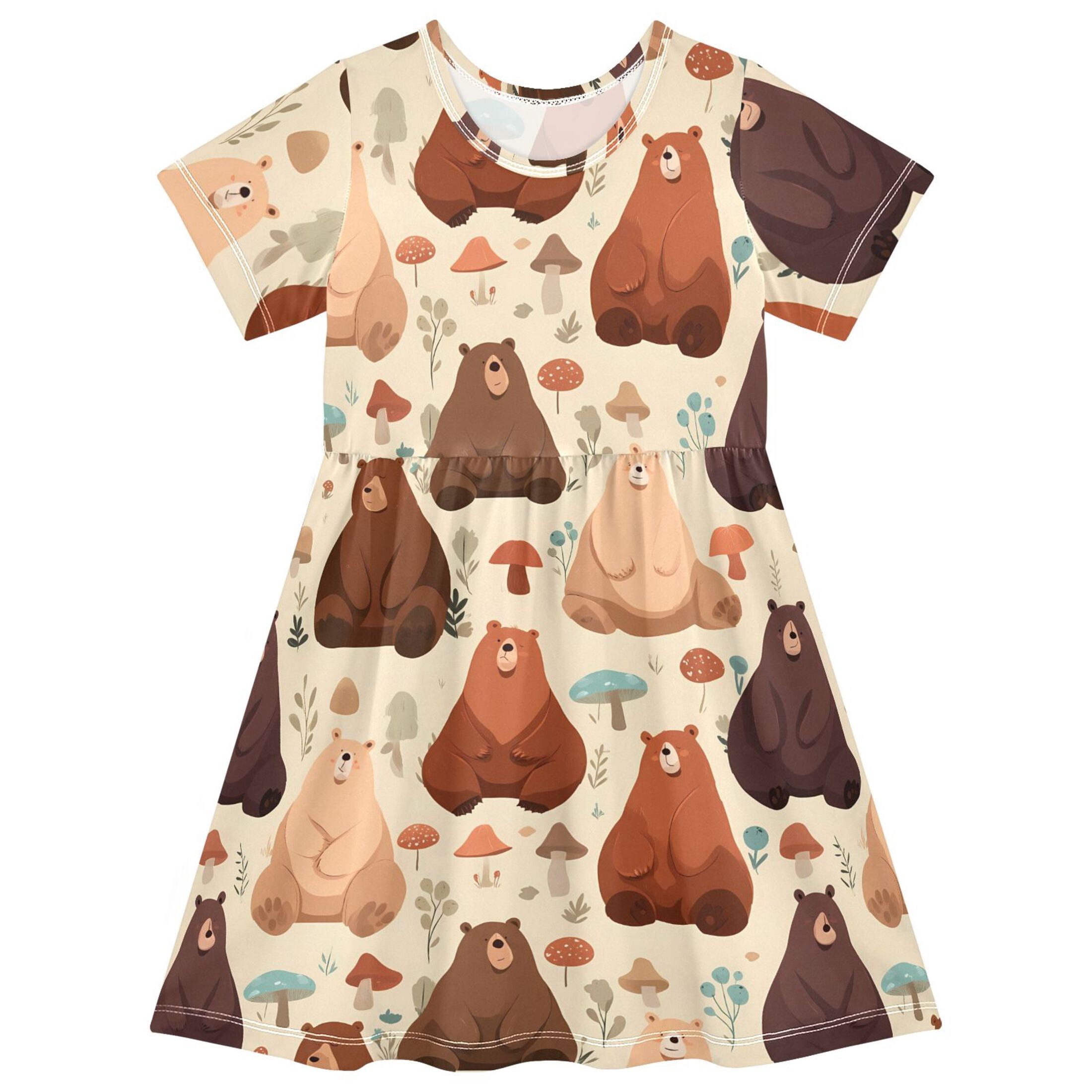 Bear Mushroom Pattern Girls Short Sleeve Dress A Line Sun Protection ...
