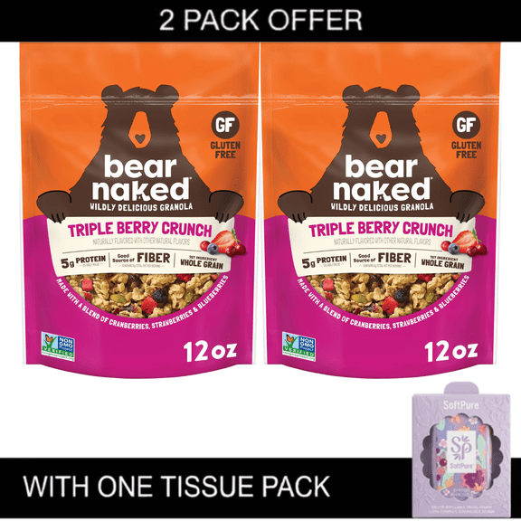 Bear Naked Wildly Delicious 12 oz Granola Pouches Triple Berry Crunch Gluten Free, 5g Protein, Whole Grain, with Tissue Pack