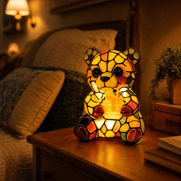 Bear Night Light, Resin Stained Glass Texture Table Lamp, Bedroom Bedside Table Nursery Decor, for Kids Gift Home Decorative Accessory