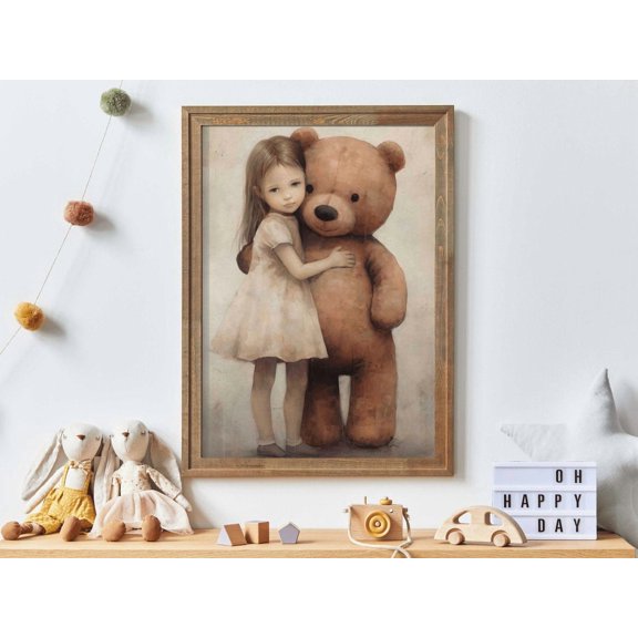 Bear Nursery Decor Little Girl & Bear Baby Room Decor Cute Girls Bedroom Or Playroom Decor Vintage Nursery Girl Wall Art Modern Wall Decor