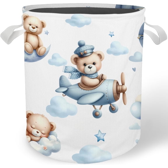 Bear Nursery Laundry Basket Hamper, Toybox for Boys Girls, Hot Air Balloon Airplane Bear Waterproof Collapsible Storage Bin Organizer for Bedroom Bathroom Kids Room Clothes Toys Books