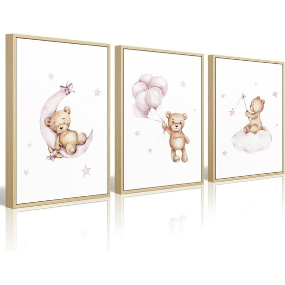 Bear Nursery Wall Art Decor Set of 3 Teddy Bear Canvas Wall Art Baby Boy Nursery Decor Prints Neutral Pictures Moon Star Cloud Print for Girls Children Room 16x24 Inch FRAMED