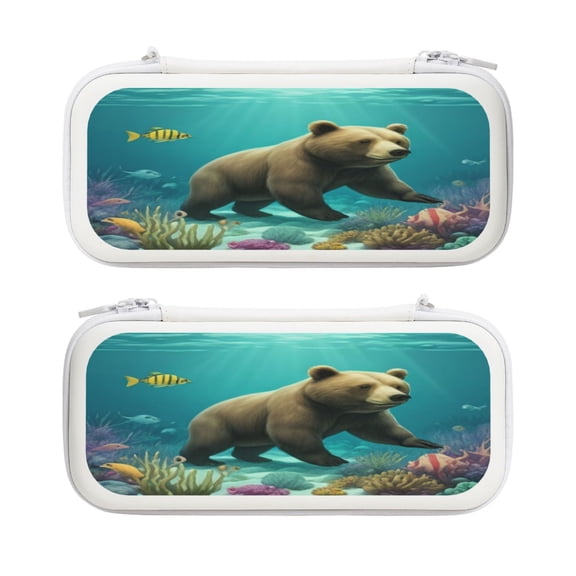 Bear Under Ocean, Carrying Case For Nintendo Switch & OLED Version, Eva Lightweight Shockproof Protective Pouch Case for Game Console & Accessories with 10 Game Card Slot & Wristband, White