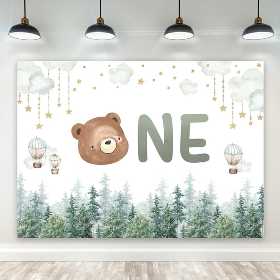 Bear One 1st Birthday Backdrop Cute Cartoon Baby Shower Hot Air Balloon Polyester Fabric Misty Green Photography Background Cloud Star Table Decor Banner Studio Photo Shoot