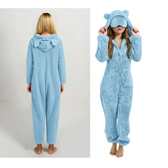 Bear Onesie Pajamas with Eye Mask Fleece Bear Hooded One-Piece Sleepwear Boys Pajamas with Zip Up One-Piece Sleepwear Teen Winter Suit 11-12 Years