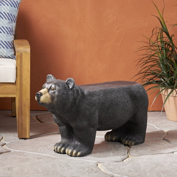 Bear Outdoor Bench, 31.75" Concrete Garden Bench, Matte Black Animal Bench Seat, Weather-Resistant MGO Bench for Patio, Lawn, or Backyard Dcor, No Assembly Required