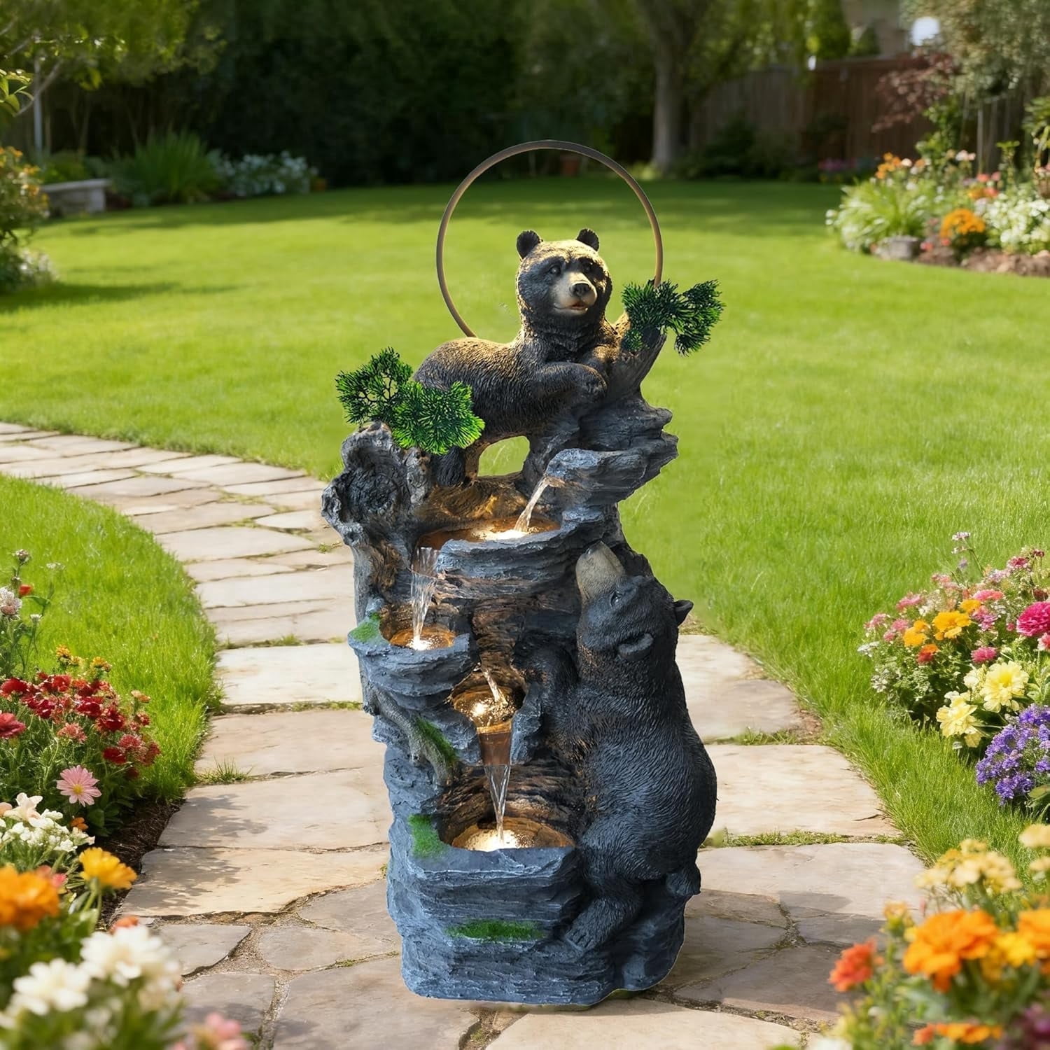 Bear Outdoor Fountain with LED Lights and Five Tiered Waterfall Water Features,Suitable for Courtyard,Gardenand Indoor Decoration
