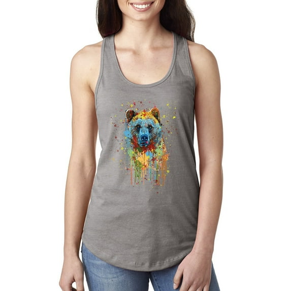 Bear Painting Splatter Abstract Art Animal Lover Ladies Racerback Tank Top, Heather Grey, Medium