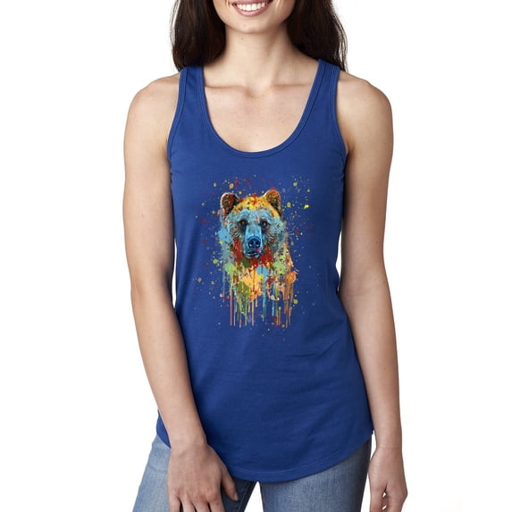 Bear Painting Splatter Abstract Art Animal Lover Ladies Racerback Tank Top, Royal, X-Large