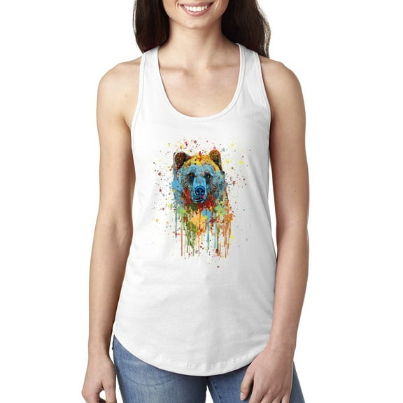 Bear Painting Splatter Abstract Art Animal Lover Ladies Racerback Tank Top, White, Large