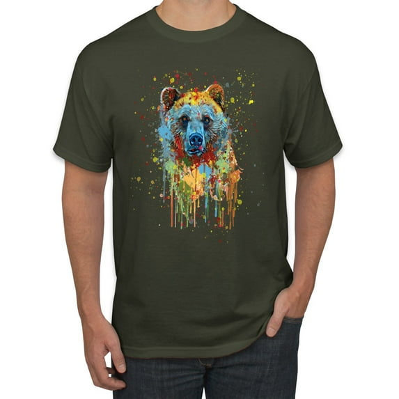 Bear Painting Splatter Abstract Art Animal Lover Men's Graphic T-Shirt, Military Green, X-Large