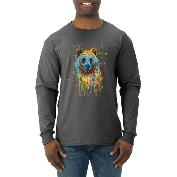 Bear Painting Splatter Abstract Art Animal Lover Mens Long Sleeve Shirt, Heather Black, Large