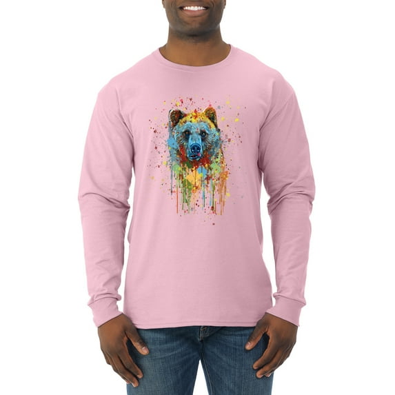 Bear Painting Splatter Abstract Art Animal Lover Mens Long Sleeve Shirt, Light Pink, 3XL