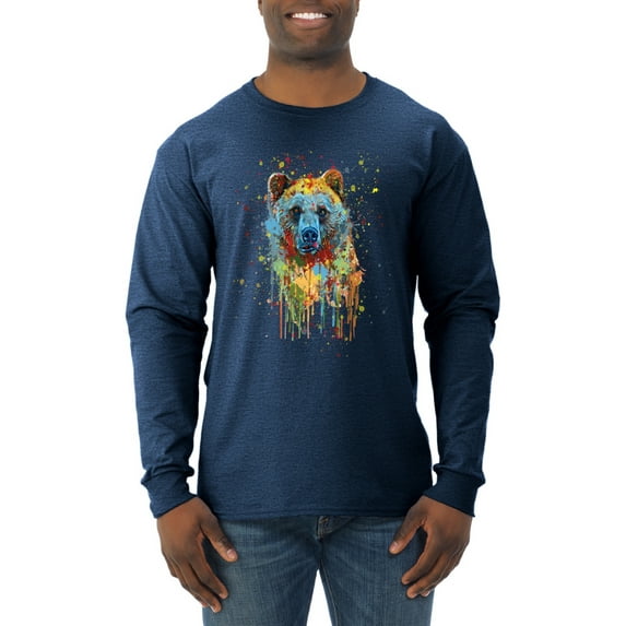 Bear Painting Splatter Abstract Art Animal Lover Mens Long Sleeve Shirt, Vintage Heather Navy, Medium