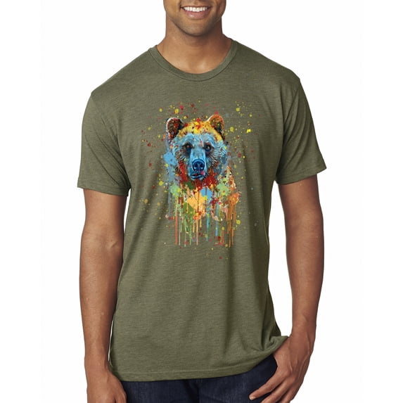 Bear Painting Splatter Abstract Art Animal Lover Mens Premium Tri Blend T-Shirt, Military Green, Medium