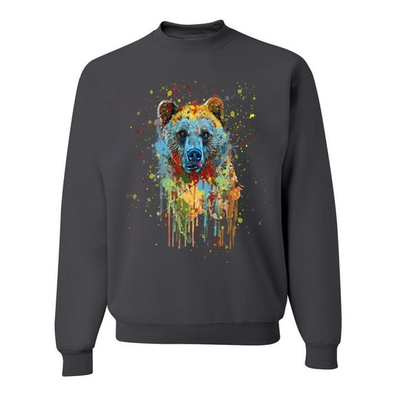 Bear Painting Splatter Abstract Art Animal Lover Unisex Crewneck Graphic Sweatshirt, Charcoal, X-Large