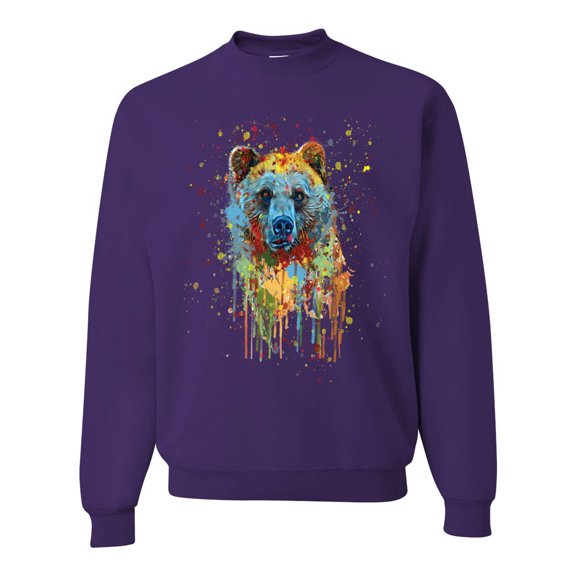 Bear Painting Splatter Abstract Art Animal Lover Unisex Crewneck Graphic Sweatshirt, Purple, Large