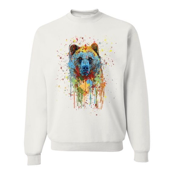 Bear Painting Splatter Abstract Art Animal Lover Unisex Crewneck Graphic Sweatshirt, White, 2XL