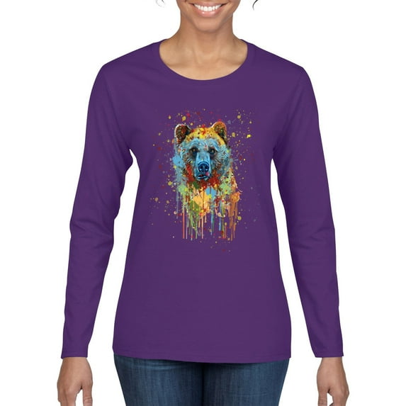 Bear Painting Splatter Abstract Art Animal Lover Womens Graphic Long Sleeve T-Shirt, Purple, Large