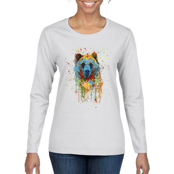 Bear Painting Splatter Abstract Art Animal Lover Womens Graphic Long Sleeve T-Shirt, White, 2XL