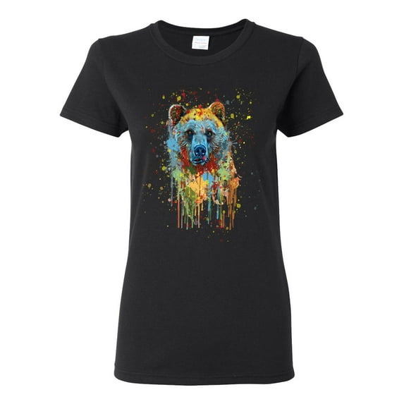 Bear Painting Splatter Abstract Art Animal Lover Womens Graphic T-Shirt, Black, Small