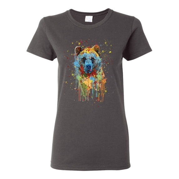 Bear Painting Splatter Abstract Art Animal Lover Womens Graphic T-Shirt, Charcoal, 3XL