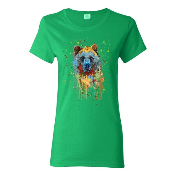 Bear Painting Splatter Abstract Art Animal Lover Womens Graphic T-Shirt, Kelly, Small