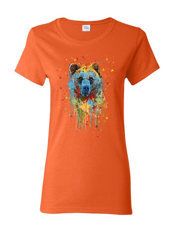 Bear Painting Splatter Abstract Art Animal Lover Womens Graphic T-Shirt, Orange, Large