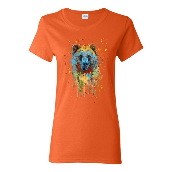 Bear Painting Splatter Abstract Art Animal Lover Womens Graphic T-Shirt, Orange, X-Large