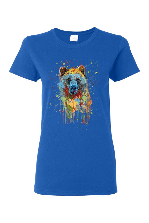 Bear Painting Splatter Abstract Art Animal Lover Womens Graphic T-Shirt, Royal, Medium